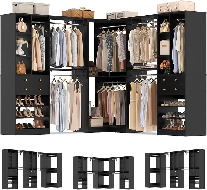 Closet System (Set of 3) with 4 Drawers, 8 Hanging Robs, 91.5"/151" Closet Organizer System with Corner Tower, Reversible Walk-in Closet System Corner Closet System, Black