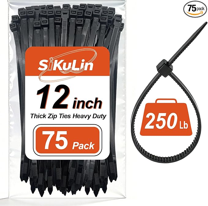 Thick Zip Ties Heavy Duty, 12 inch, Black, 250 lb High Strength, 75 Pack, Heavy Duty Zip Ties for Outdoor Use, Extra Wide & Strong UV Resistant Cable Ties, Wire Ties, SiKuLin