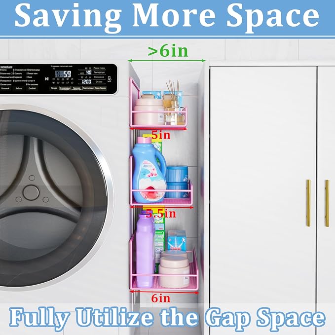DTUQYX Magnetic Shelf for Washing Machine 4-Pack: Widen Magnetic Laundry Organizer (5"-6") with Hanger Organizer, Strong Magnet, Rust Proof, Heavy Duty Magnetic Spice Rack for Refrigerator (Pink)