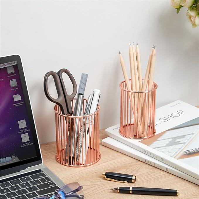 2 Sets Metal Pen Holder for Desk, Makeup Brushes Cup Holder, Pencil Holders, Pen cup, Home and Office Organizer, Rose gold