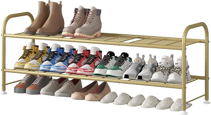 LINZINAR 2 Tier Long Shoe Rack for Closet Metal Shoe Organizer for Entryway | Spacious design stores 15+ pairs of shoes,durable metal frame,space-saving organizer for closet, hallway, and Entryway Gold
