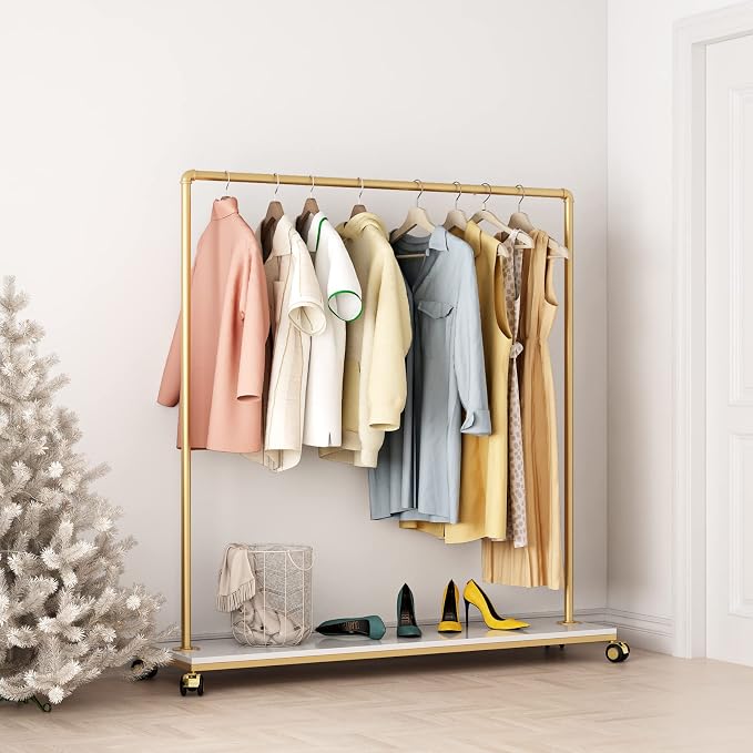 Gold Metal Clothing Rack with Wood Shelf, Heavy Duty Rolling Garment Rack with Wheels for Bedroom Retail Boutique Use (61L inches)
