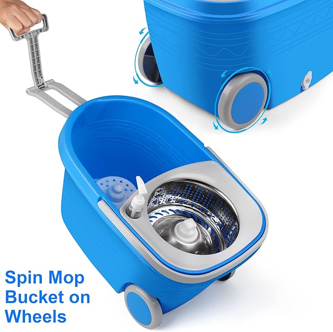 Mop and Bucket with Wringer Set, Mop and Bucket on Wheels Floor Cleaning System with Spin Mop Head 61 Inch Refills Extended Stainless Steel Handle for Home Office Household Cleaning