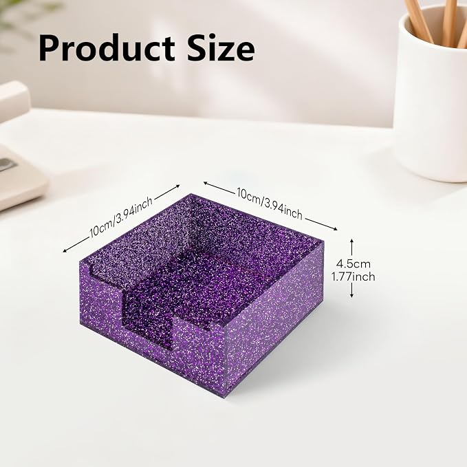 Acrylic Sticky Note Holder 4x4in Tray for Desk, Purple Glitter | Sparkling glitter acrylic tray, fits 3x3 sticky notes, compact organizer for office school and home