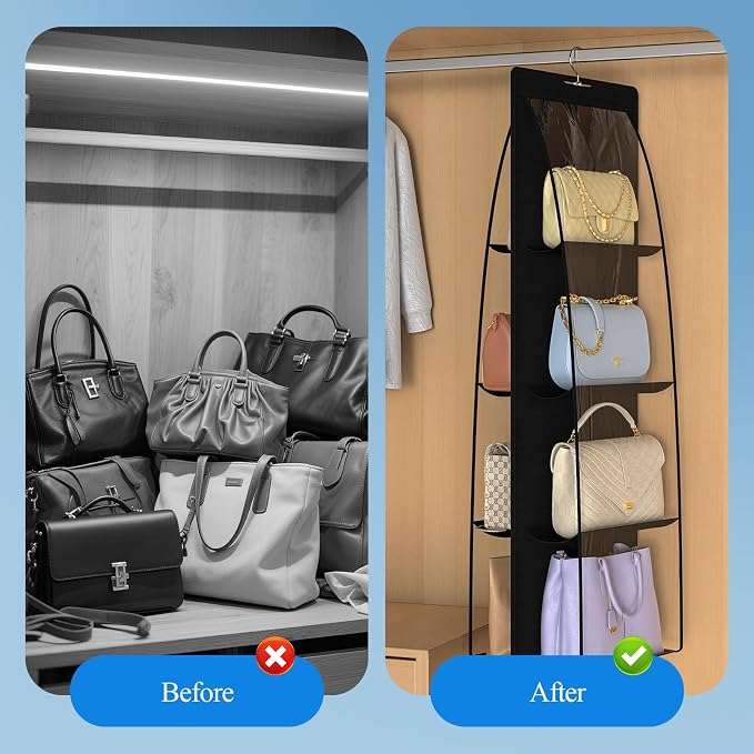 2 Packs 8 Pockets Black Handbag Hanging Purse Organizer for Closet, Purse Storage, Purse Hanger and Handbag Organizer for Space Saving
