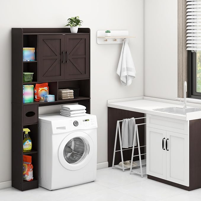 Vabches Over The Toilet Storage Cabinet with 2 Barn Doors, Espresso | Farmhouse Storage Cabinet with Toilet Paper Holder Stand，Home Space-Saving Toilet Rack, for Bathroom, Restroom, Laundry
