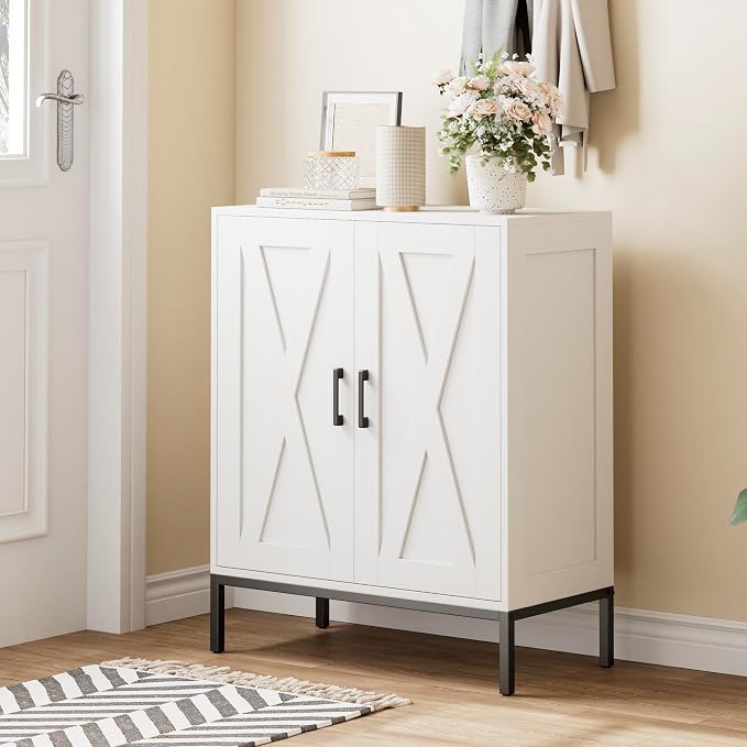 Homleke Farmhouse Shoe Cabinet with 2 Barn Doors & Metal Legs | Tall 4-Tier Shoe Storage Cabinet, 3 Adjustable Shelves, Shoe Rack Organizer, for Entryway, Hallway, Closet, White