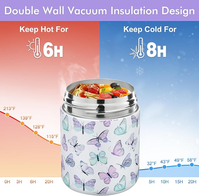 wiwens 12oz Soup Thermo for Hot Food Kids Insulated Food Jar Wide Mouth Lunch Container Leak Proof Stainless Steel Vacuum Bento Box for School Office Travel Outdoors White-Butterfly