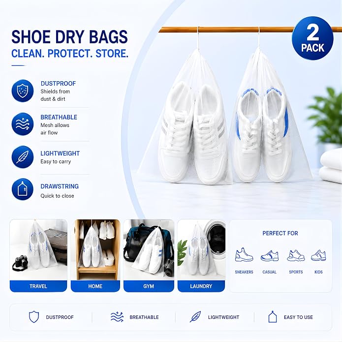 GEWON Shoe Washing Machine Bag for Wash & Dry, 4-in-1 Kit 2 Chenille Sneaker Laundry Bags + 2 Dust Bags, Self-Locking Zipper