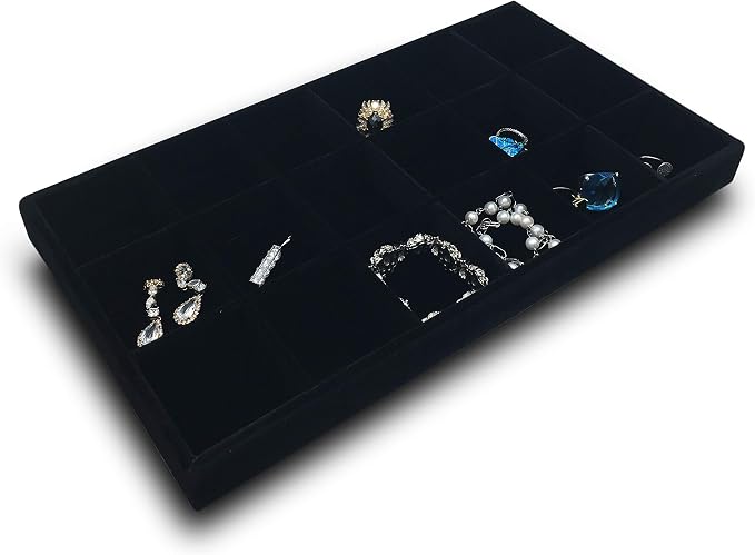 The Display Guys - Stackable Jewelry Tray and Organizer - for Drawers, Dressers, Store Display (18 Compartments, Black Velvet)
