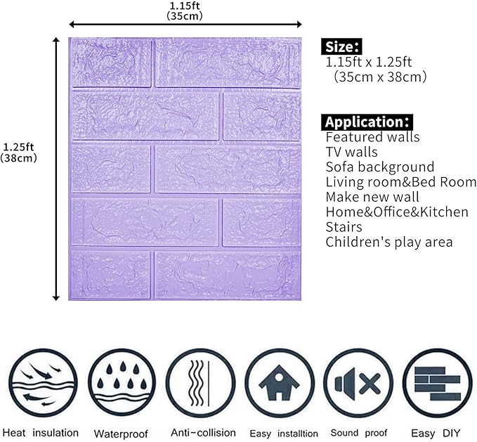 3D Wall Panels, 58 sq.feet Coverage, Printable Wallpaper Sticker with Self-Adhesive Waterproof Brick PE Foam Wall Panels Peel and Stick for Interior Wall Decor, Home Decoration 40 PCS Purple