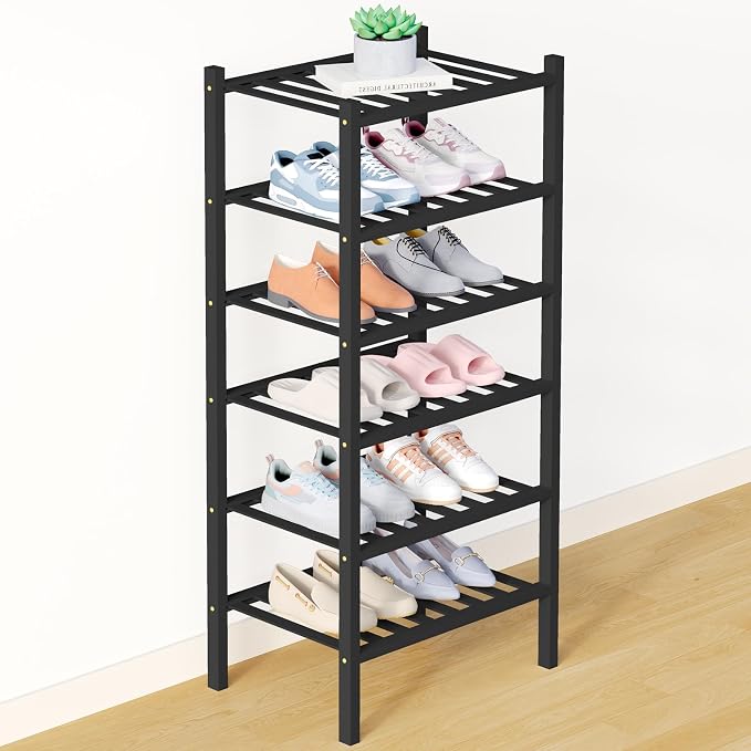 Smiry Bamboo Shoe Rack for Closet, 6 Tier Small Wooden Shoe Organizer, Stackable Wood Shoe Storage Shelf for Entryway, 14 Vertical Slats, 3+3 Stack Heavy-Duty Legs, 17.32"x11.02"x36.61", Black