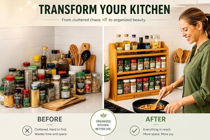 Bamboo Spice Rack Organizer – 3 Tier Bamboo Spice Rack Organizer – Countertop or Wall Mounted – Kitchen Spice Shelf Storage – Space Saving Organizer for Pantry & Cabinet