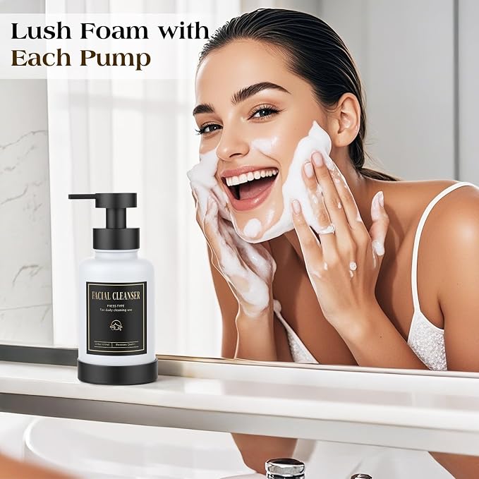 Luxspire Foaming Soap Dispenser, Glass Foam Pump Soap Dispenser, Non-Slip Hand Soap Bottle with 5 Waterproof Labels, 15 Oz Refillable Liquid Soap Bottle for Bathroom & Kitchen, Black+White, 2 Pack