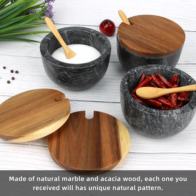 Marble Salt Cellar Box with Wood Lid & Spoon, Modern Black Stone Salt or Pepper Sugar Spice Seasoning Bowl Container Jar Holder Well Keeper Dish Pig Crock for Kitchen