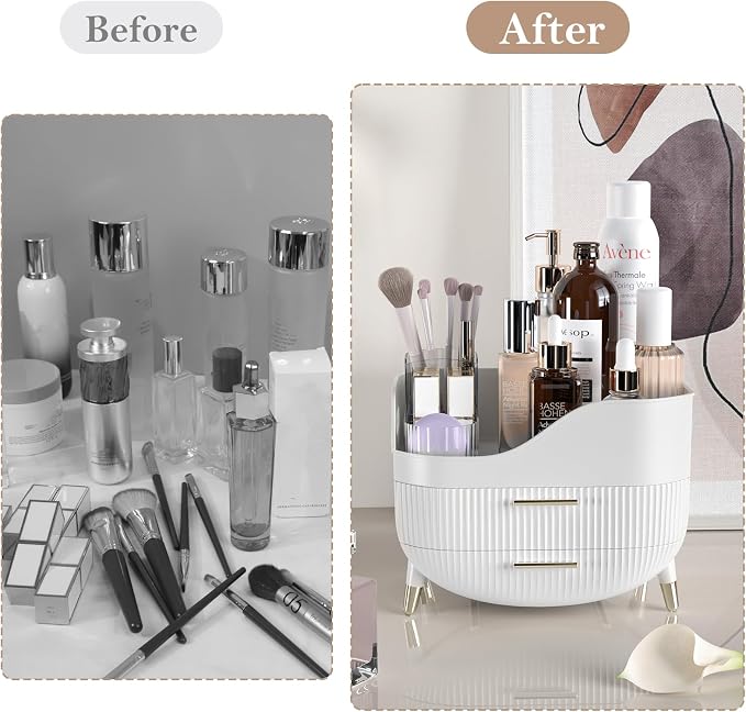 Makeup Organizer for Vanity, Large Capacity Skincare Cosmetic Organizer Countertop with 2 Drawers, Cosmetic Display Cases Makeup Storage Box for Bedroom, Bathroom, Ideal Gifts for Women(White)