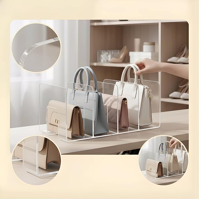 2 Pack Acrylic Purse Organizer for Closet, 8-Slot Bag & Purse Organizer, No Assembly, Clear Handbag Storage Shelf .for Shelf Divider Handbags, Clothes, Sweater