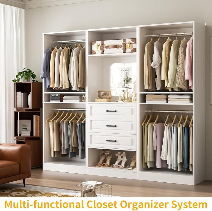 Unikito 75" Modular Closet Organizer System with Mirror & Drawers, 3-in-1 Freestanding Wardrobe Tower with Adjustable Shelves & Hanging Rods, Heavy-Duty Bedroom Storage for Walk-in Closets, White