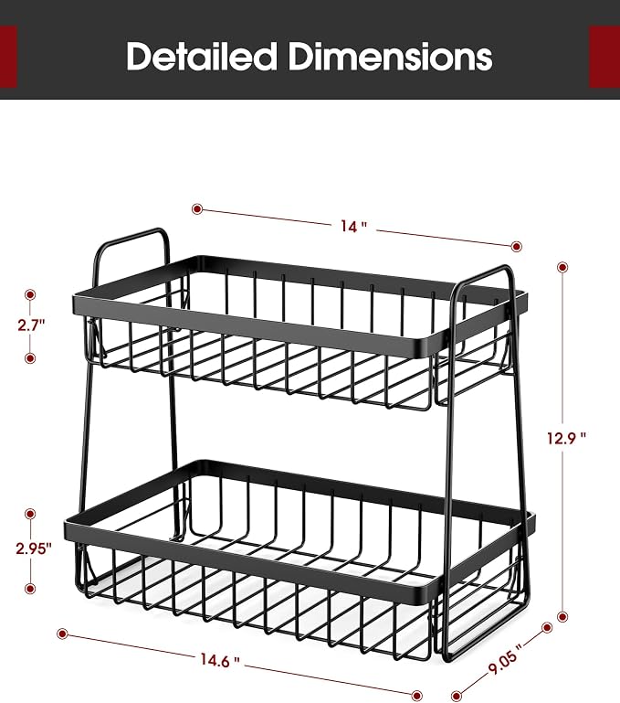 Sakugi Fruit Basket for Kitchen Counter - 2-Tier Fruit Bowl with Removable Banana Hanger & Handles, Rustproof Fruit Holder for Kitchen, Living Room, Bathroom, 14.6"×9.0"×12.9", Black