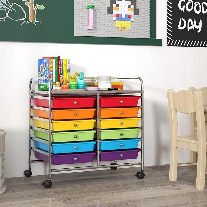LDAILY 12 Drawer Rolling Storage Cart, Craft Cart Organizer on Wheels w/Metal Frame, Large Capacity & Smooth Drawer, Rolling Cart w/Drawers for Classroom, Office