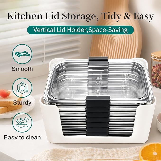 Food Storage Container Lids Organizer for Rubbermaid Brilliance Nap-On Lids,Stackable Food Storage Container Lid Organizer -- Fits 0.5, 1.3, 3.2, 4.7 & 9.6 Cups -- Holds 32 Lids (White,4-Piece Bundle)
