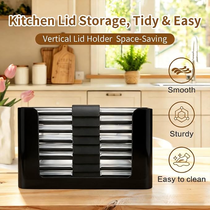 Food Storage Container Lids Organizer for Rubbermaid Brilliance Nap-On Lids,Lid Organizer for Kitchen Cabinet Storage - Fits 3.2, 4.7 & 9.6 Cups - Holds 16 Lids (Black,2-Piece Bundle)
