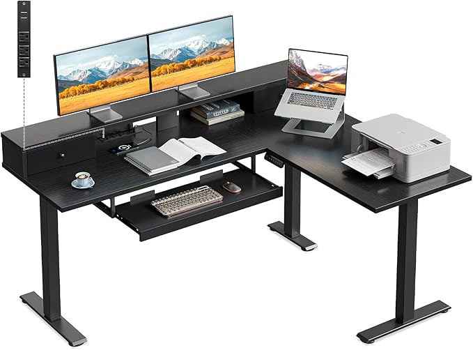 Casaottima 59" L Shaped Electric Standing Desk with Drawers, Black | Monitor Stand, Keyboard Tray, Fabric Drawer, Power Outlets, Height Adjustable Corner Stand Up Desk for Organized Home Office