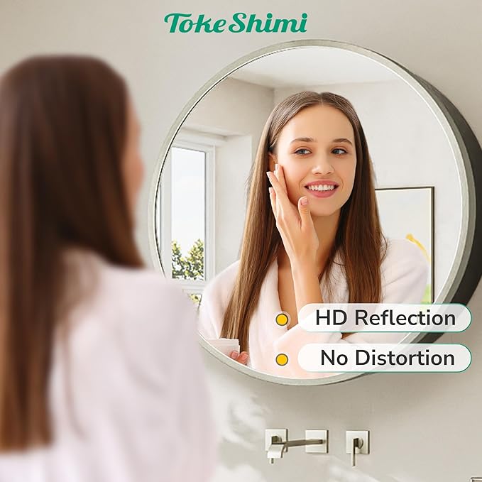 TokeShimi 20 x 20 Brushed Nickel Round Medicine Cabinet with Mirror, Circle Medicine Cabinet for Bathroom with Stainless Steel Metal Frame, Detachable Shelves, Shatterproof, Wall Mounted Only