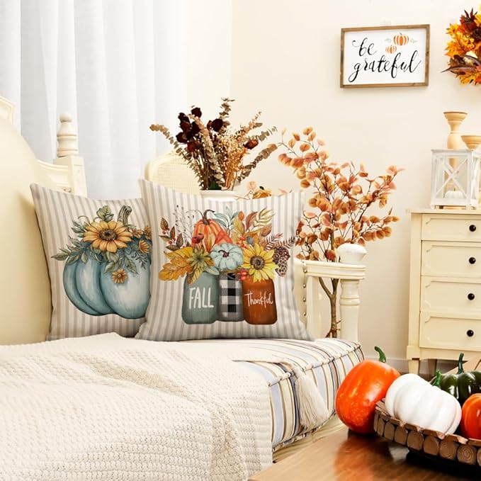 GEEORY Fall Pumpkin Sunflowers Pillow Covers 20x20 Inch Set of 4, Mason Jars Sweet Home Buffalo Plaid Bowknot Autumn Thanksgiving Decorative Throw Pillows Farmhouse Decoration for Sofa Aqua