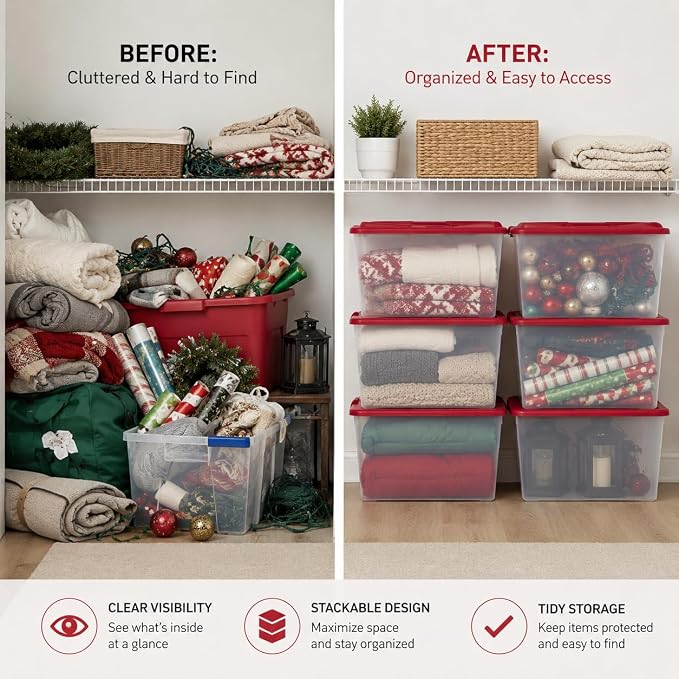 66 Quart Clear Plastic Storage Container with Latch Lid, Red, 6 Pack | Clear Base & Lid, Secure Red Latches, Recessed Stacking, 66Qt Capacity, BPA-Free Plastic