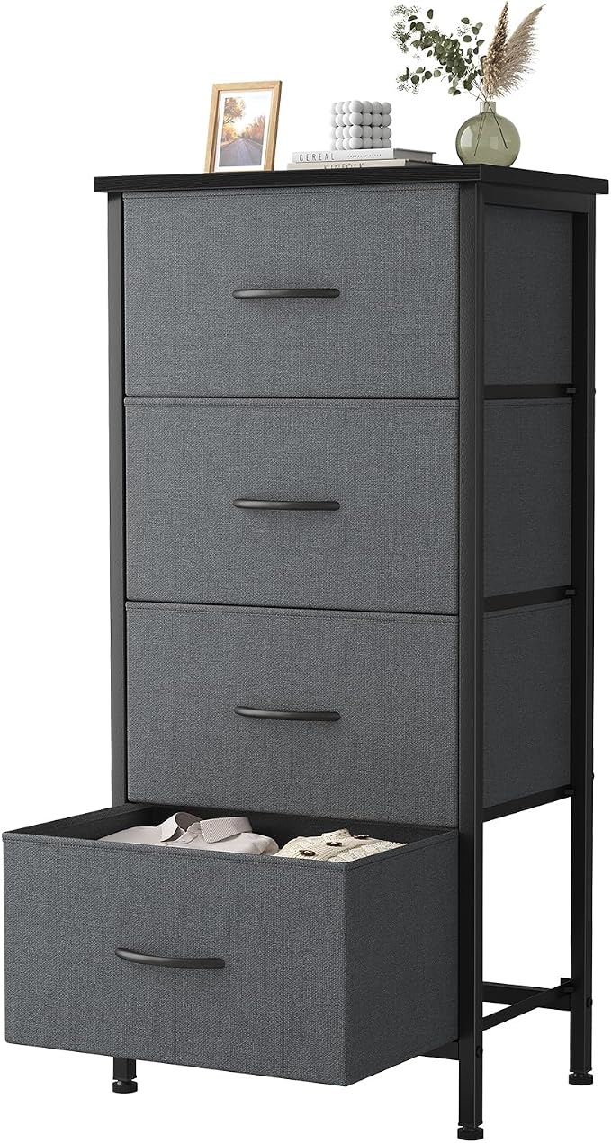 Sweetcrispy 4 Fabric Drawer Small Dresser, Bedside Nightstand with Wooden Top Sturdy Frame, Entryway Closet Bedroom Storage Cabinet Furniture for Dorm,Grey