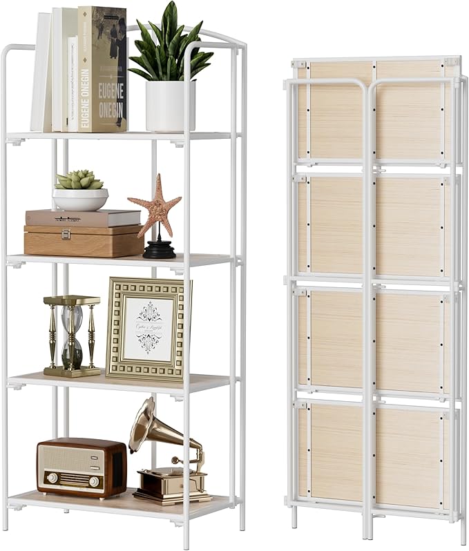 Crofy 4-Tier Foldable Bookshelf, White Frame & White Oak Shelves | No-Assembly Collapsible Portable Storage Organizer; Sturdy White Oak Finish Shelves; Ideal for Living Room & Home Office