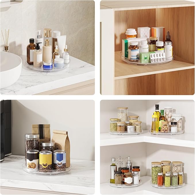 Lazy Susan Turntable Organizer (2 Pack), 9 Inch Non-Skid Clear Rotating Spice Rack for Kitchen Cabinet, Pantry, Fridge, Tabletop, Round Spinning Tray for Bathroom Countertop, Makeup Vanity, Under Sink