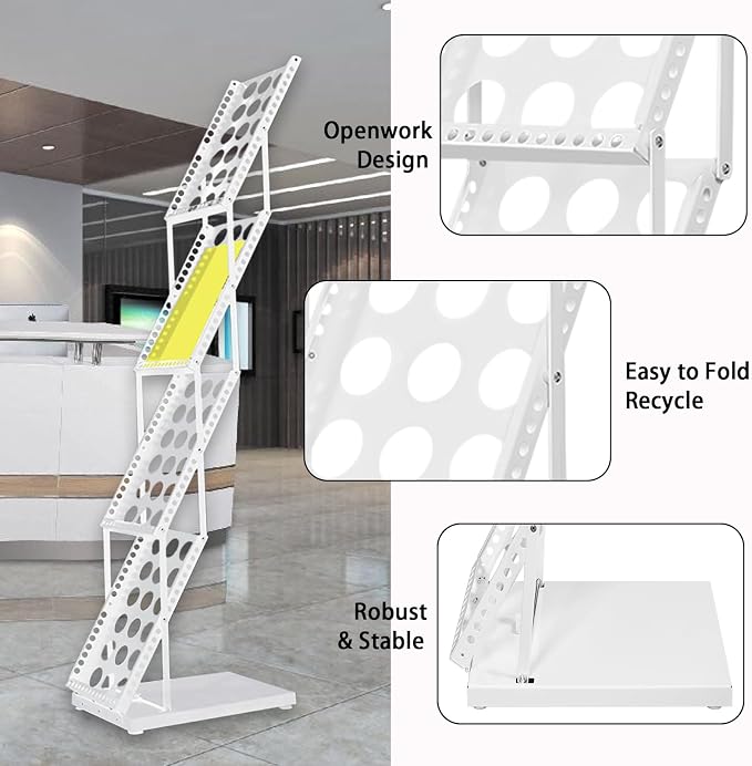 Foldable Brochure Display Stand with Carrying Bag, Literature Stand 4 Tier | Literature Rack for Trade Shows, Exhibitions, Office, and Retail Stores. Sturdy, Portable, and Easy to Assemble, White Finish