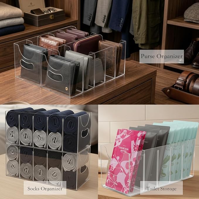 Belt storage Organizer for Closet with Removable Dividers - 5 Compartments & Handles Drawer organization and storage for underwear, Socks, and Bow Ties Acrylic Belt Organizers (3pack)
