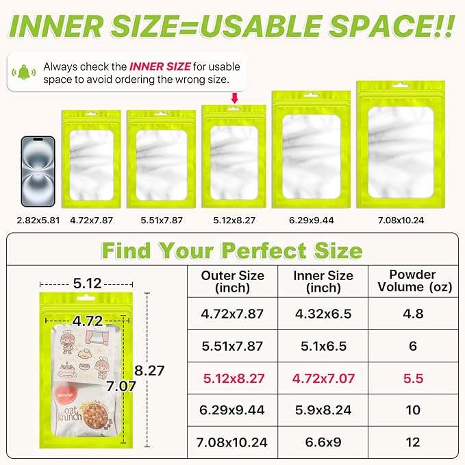 100 PCS Resealable Mylar Bags with Zipper and Frosted Clear Window Smell Proof Packaging Bags Foil Pouch Zipper Bag for Food Self Sealing Storage Supplies (Green, 5.12x8.27)