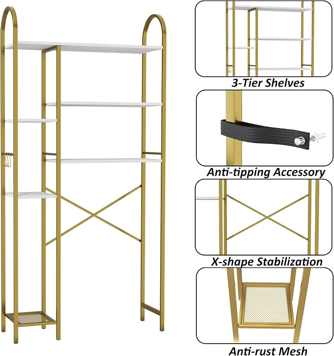HOMEFORT Over The Toilet Storage with Side Rack, 6-Tier Over Toilet Storage Rack with Adjustable Shelf, Space Saver Bathroom Organizer for Laundry, Balcony, Kitchen,31.5" W x 9.4" D x 65" H, Gold