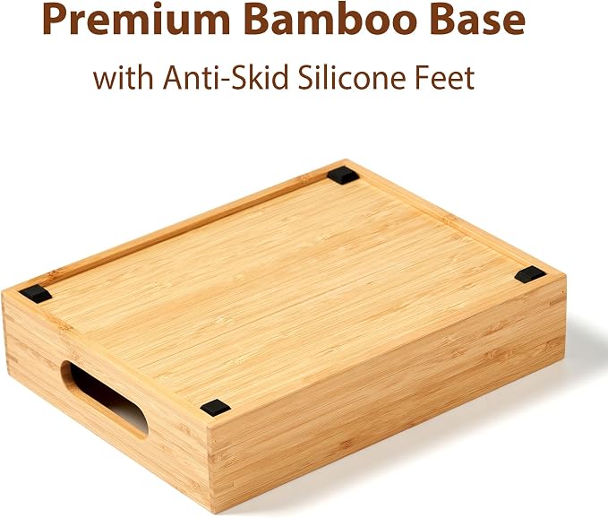 Umilife Bamboo Food Container Lid Organizer for Kitchen Cabinet and Drawer | Adjustable Slots - Premium Bamboo, Pretty Color - Sturdy Versatile Caddy for Snack, Spice - Anti-Skid Silicone Pads