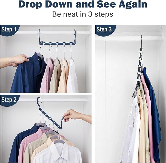 HOUSE DAY Space Saving Hangers 10 Pack, Closet Organizers and Storage | Sturdy Cascading Hangers with 5 Holes for Heavy Clothes, Multi Hangers in One, College Dorm Room Essentials - Misty Blue