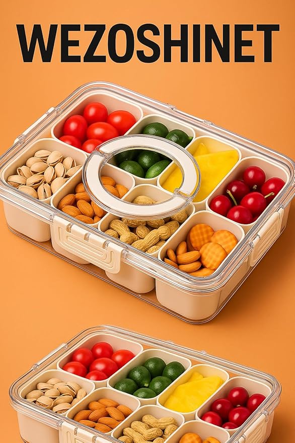 Divided Fridge Storage Box With 8 Serving Tray With Lid And Handle Refrigerator Food Storage Box Plastic 8 Compartment Fridge Container Storage Organiser Fruit Snack Storage (8 Grid)
