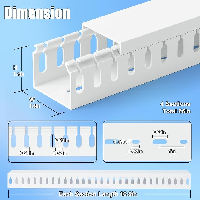 1.4"H x 1.6"W Cable Raceway, 66in Under Desk Wire Management Channel, White | Slotted Wire Duct, 4Pack, 16.5in Each, Heavy-Duty PVC Cable Management for Server Racks, Network Cables & Electrical Cabinets