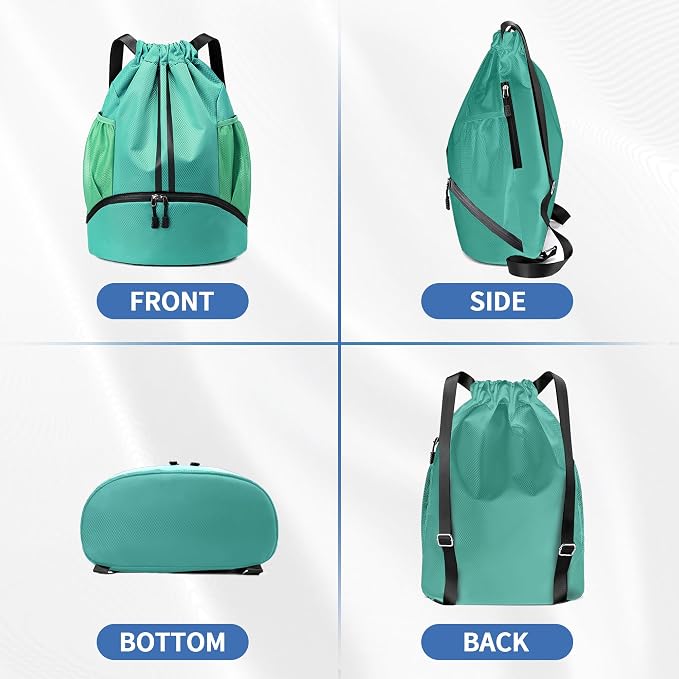 JELUTAR Drawstring Backpack Gym Bag with Shoes Compartment for Soccer, Basketball, Swim, Water-Resistant String Backpack Beach Cinch for Women Men, Mint Green