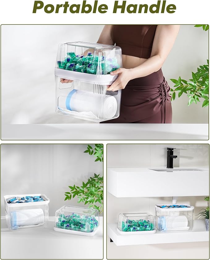 iCASA 3 in 1 Trash Bag Dispenser Holder Dishwasher Pod Organizer | Garbage Bag Dispenser Under Sink Organizer for 13/30/33 Gallon Bag, Kitchen Clear Plastic Storage Bins Laundry Pods Container