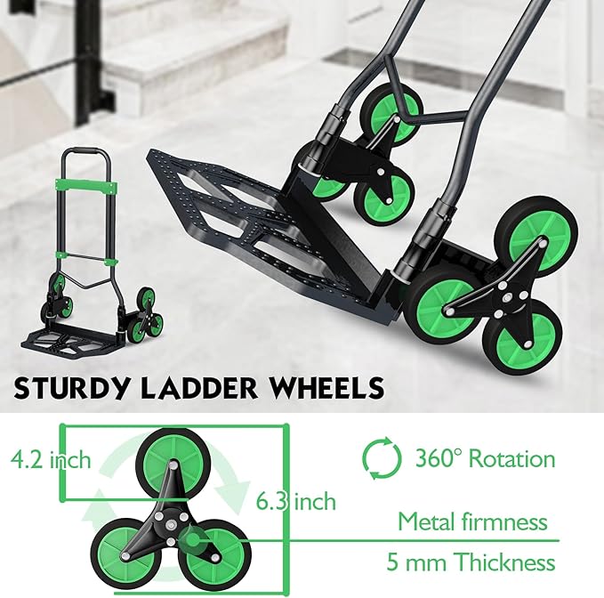 Heavy-Duty 330LB Capacity Hand Truck with Stair-Climbing Wheels & One-Touch Retractable Handle - Q235 Steel Collapsible Dolly Cart, 4.2-Inch Triple Wheels, Elastic Strap & Sponge Grip (Green)