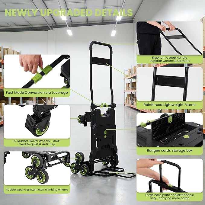 Upgraded 3 in 1 Convertible Folding Hand Truck with Brakes, Hand Truck Dolly Heavy Duty 660lbs Capacity, Stair Climbing Cart with Adjustable Shovel Board and Fixed Handle for Moving