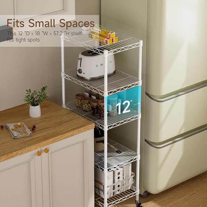 Golpart Small Shelves Storage Wire Metal Adjustable Shelf Unit with Wheels | 5 tier Shelving Organizers Storage Shelving for Bathroom Laundry Room Kitchen Pantry 11.7”D x 17.7”W x 57.2”H White