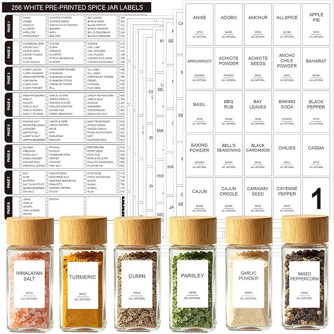 256 Spice Labels Minimalist Waterproof Spice Jar Stickers Removable Oil-Resistant Preprinted Spice with Blank Label for Kitchen Herb & Seasoning Labels Food Containers Organizers Storage Bins