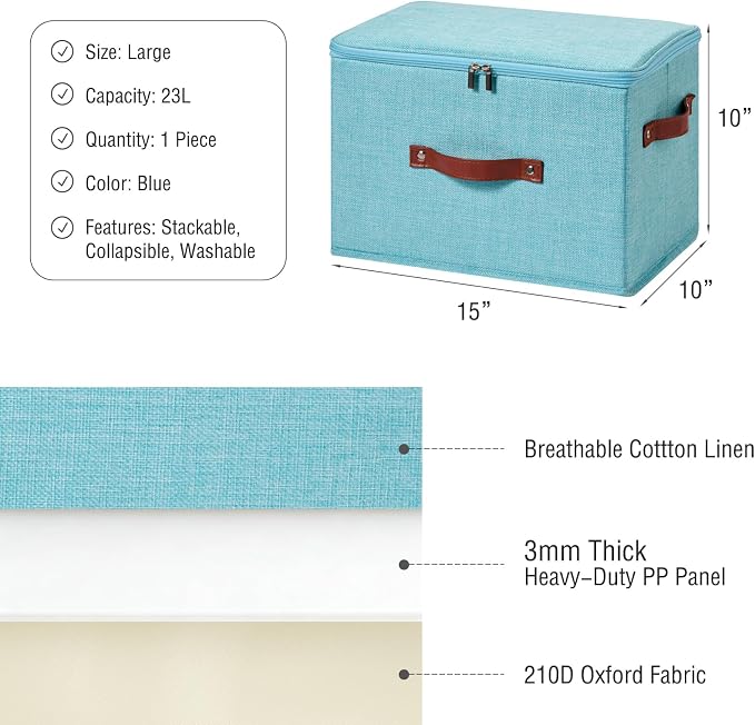 Storage Bin Box with Zippered Lid Cotton Linen Fabric Decorative Basket with PU Leather Handles PP Plastic Board Foldable Lidded Clothing Shelf Closet Organizer Container (Blue, Large)