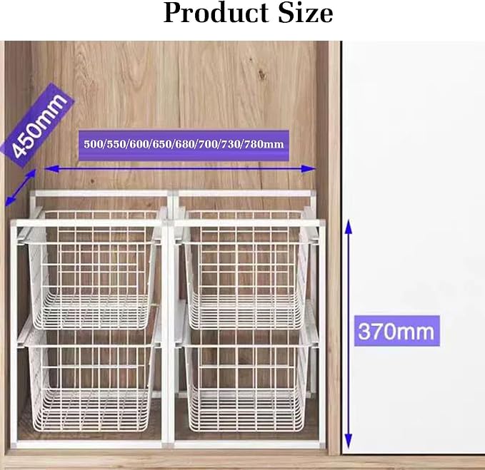 Compact Hanging Pullout Drawer Basket, Stackable Shelf Baskets Organizer,Shelf Steel Wire Pullout Hamperfor Kitchen,Pantry,Wardrobe(450x370x700mm)