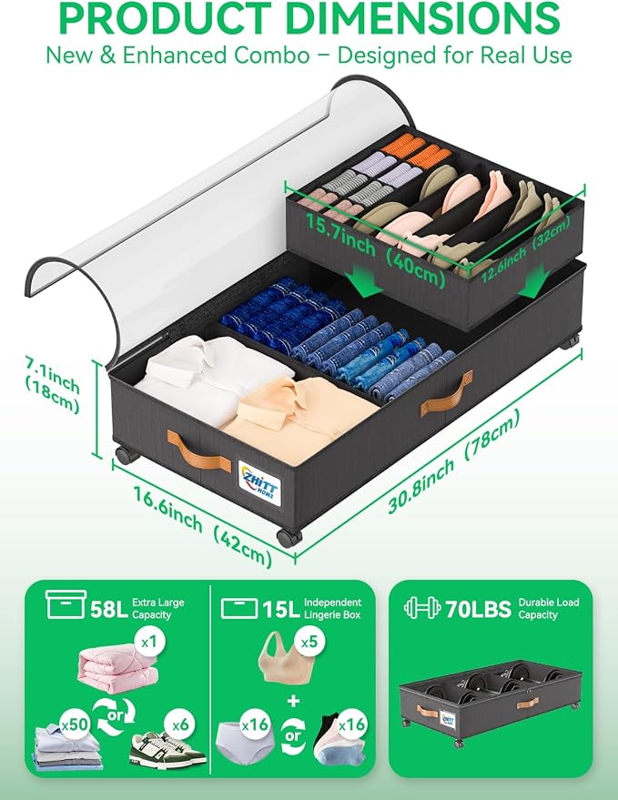 Under Bed Storage with Wheels, Under the Bed Storage Containers Lids | 2-Pack 58L & 1-Pack 15L Box, Organizer Bins Rolling Underbed Storage for Clothes, Underwear, Socks, Shoes